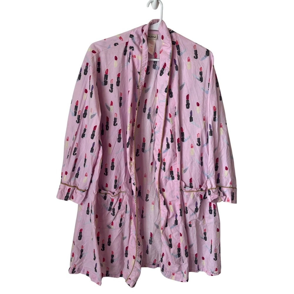 BedHead Pajamas Pink Cotton Lipstick Print Robe Gold Trim S/M USA Made